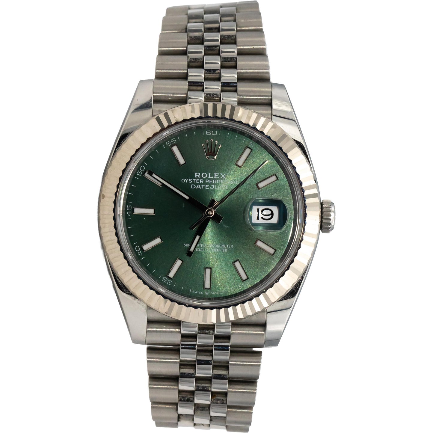 ROLEX Stainless Steel 18k Gold Datejust Green Dial 41mm Watch w/ Box Ref 126334