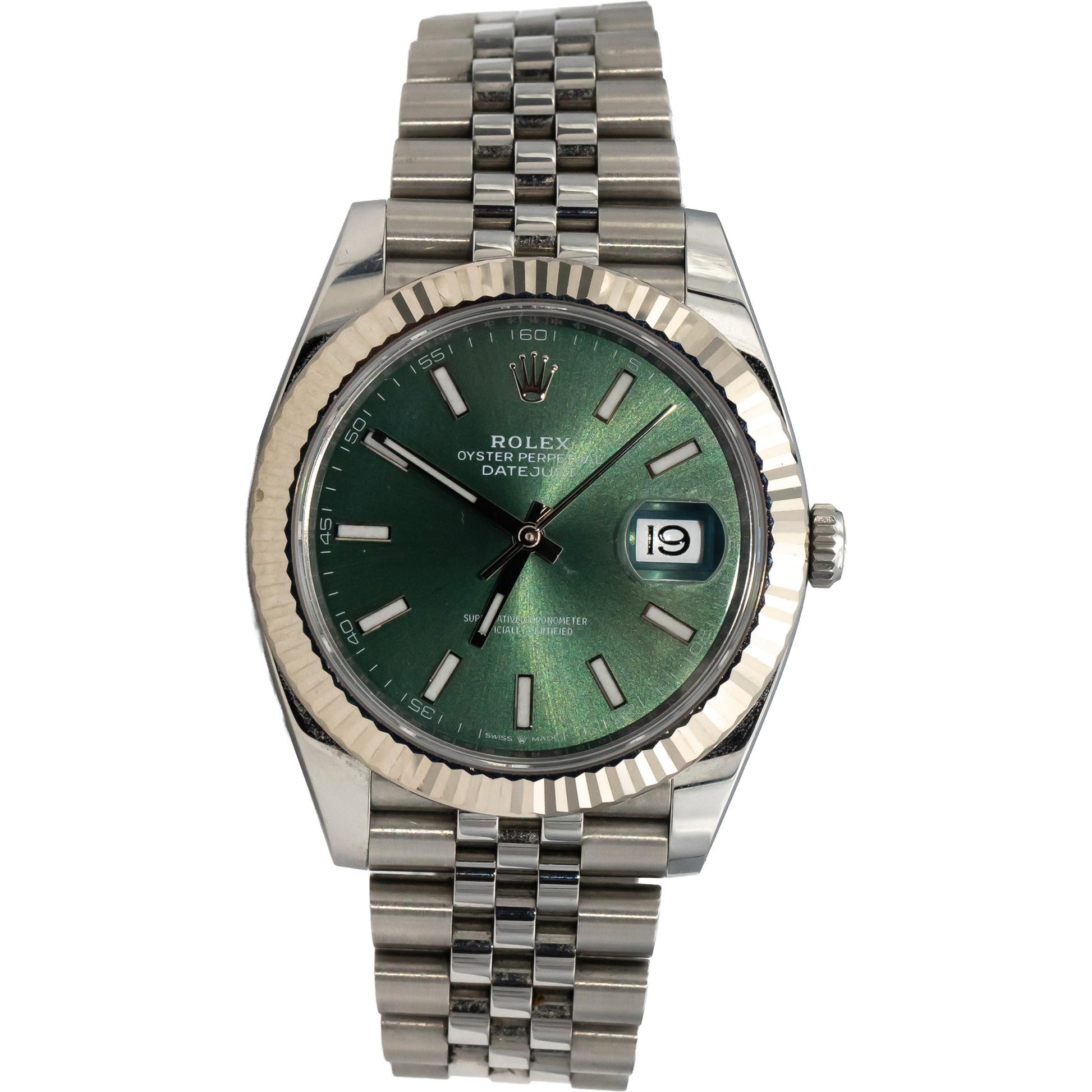 ROLEX Stainless Steel 18k Gold Datejust Green Dial 41mm Watch w/ Box Ref 126334
