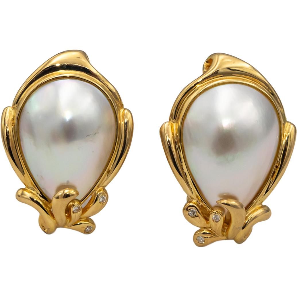 14k Yellow Gold Diamond and Mabe Pearl Earrings 0.04CT