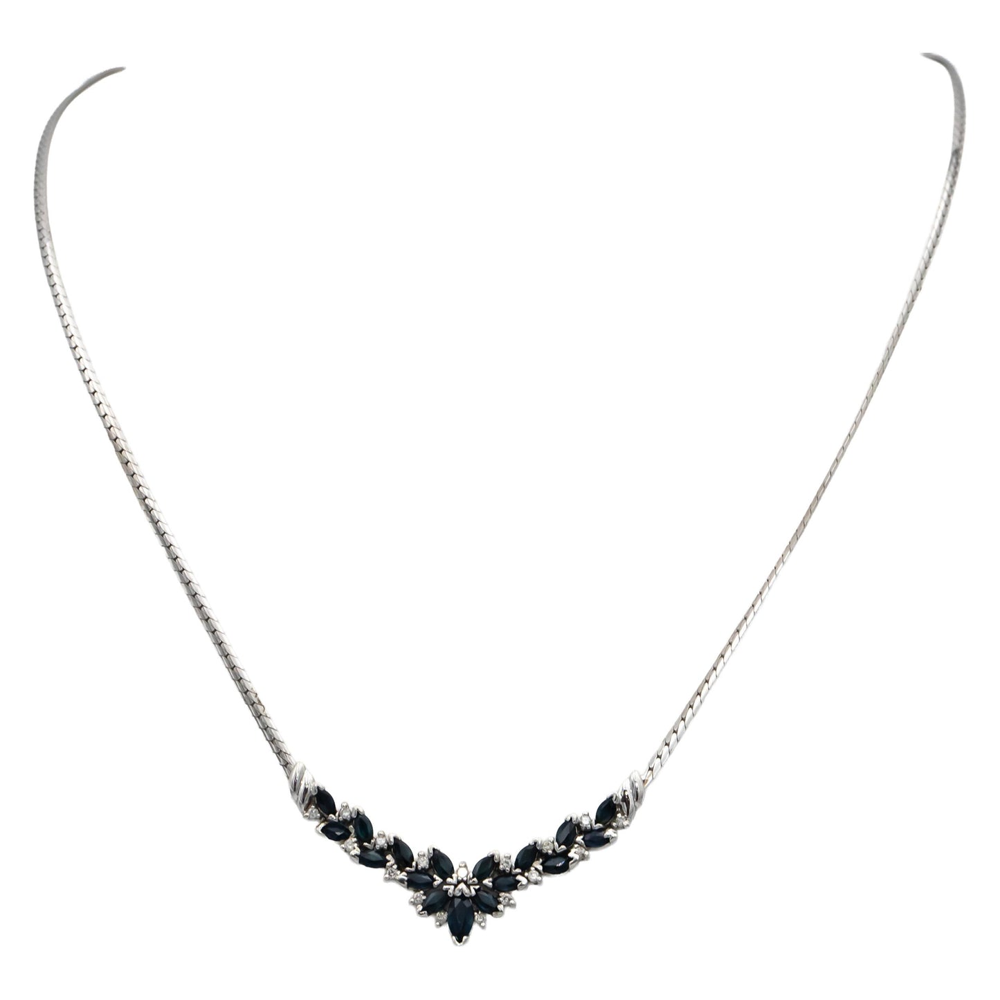 14k White Gold Marquise Cut Sapphire and Round Diamond Pendant Necklace 1.15CTW