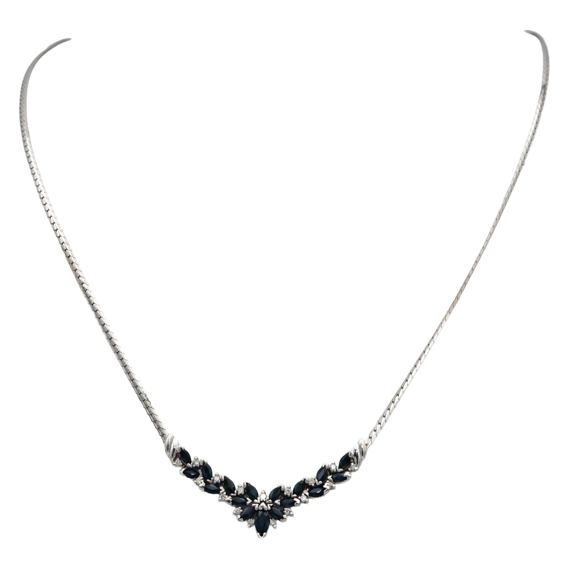 14k White Gold Marquise Cut Sapphire and Round Diamond Pendant Necklace 1.15CTW
