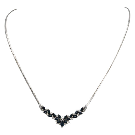 14k White Gold Marquise Cut Sapphire and Round Diamond Pendant Necklace 1.15CTW