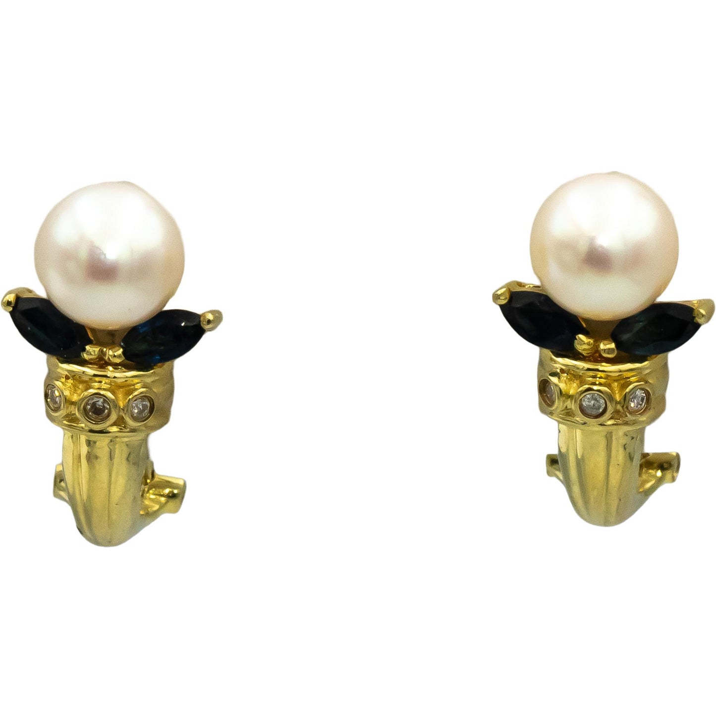 14k Yellow Gold Diamond Blue Sapphire & Pearl Earrings 0.38CTW