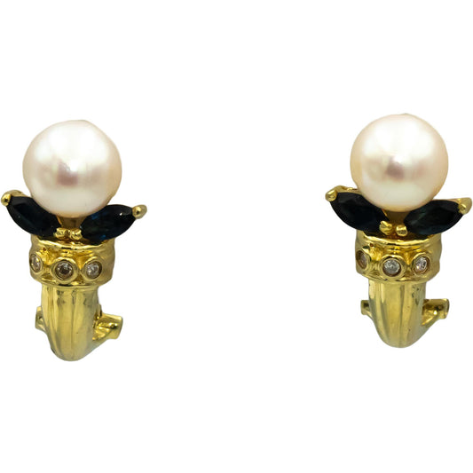 14k Yellow Gold Diamond Blue Sapphire & Pearl Earrings 0.38CTW