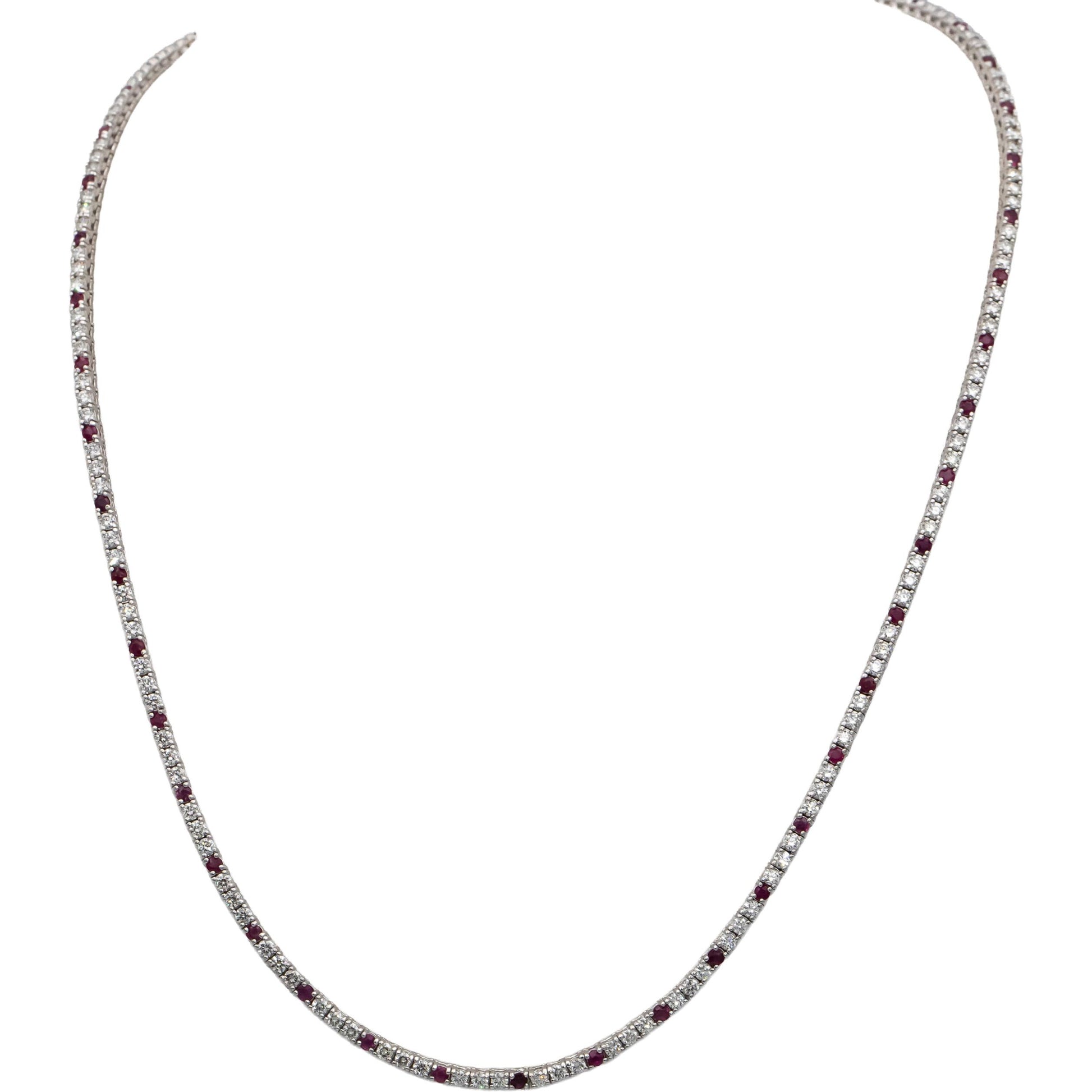 14k White Gold VS Round Diamond and Ruby Tennis Necklace 7.33CTW