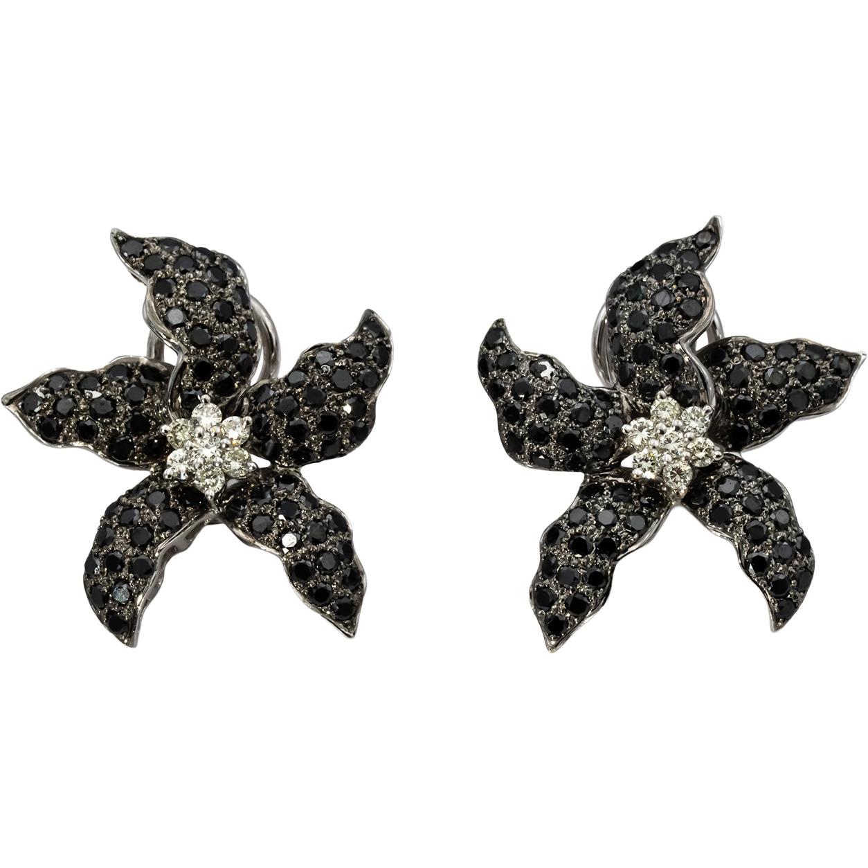18k White Gold Round White and Black Diamond Flower Earrings 3.0CT