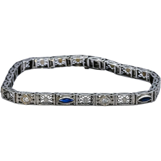 Vintage Antique 14k White Gold Diamond & Synthetic Sapphire Bracelet 0.15CT