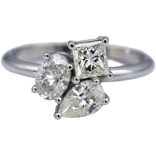 18k White Gold Princess Oval Pear Cut Diamond Three-Stone Ring 1.40CT Size 6.75