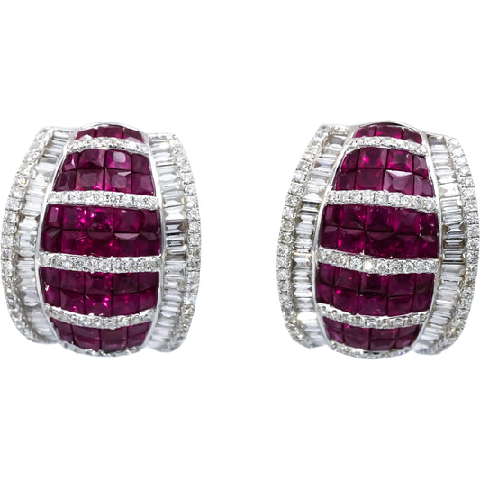 18k White Gold Ruby and Diamond Cluster Curved Earrings 7.90CTW