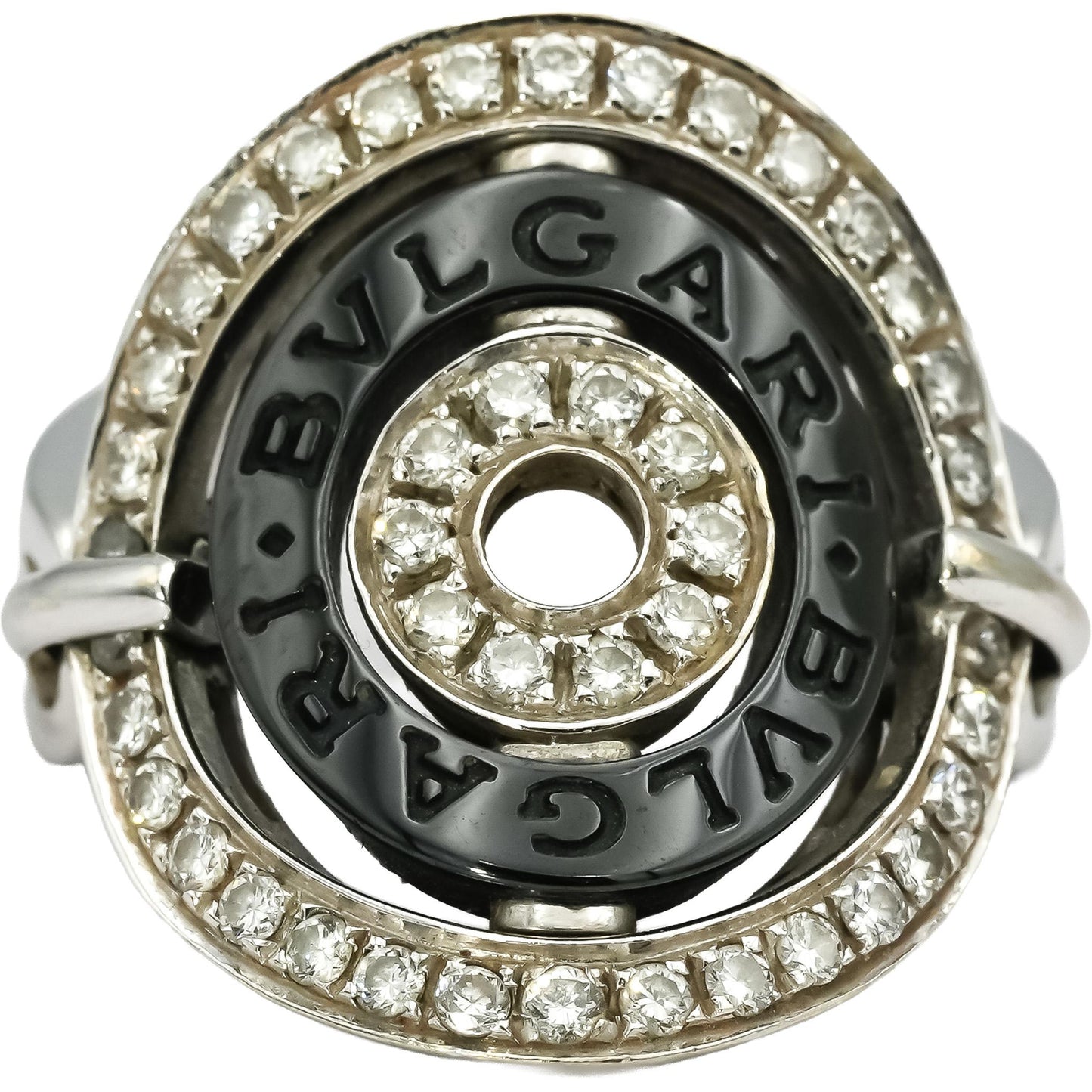 BVLGARI 18k White Gold Black Ceramic Astrale Diamond Ring 0.50CT Size 6
