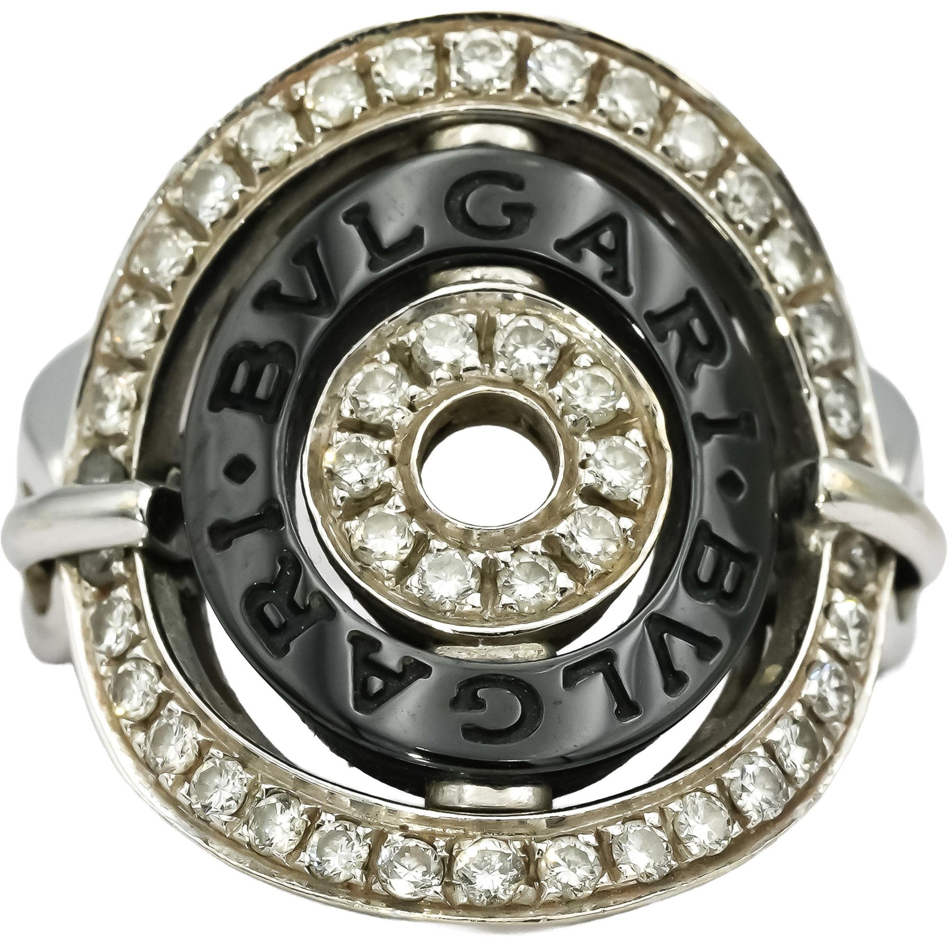BVLGARI 18k White Gold Black Ceramic Astrale Diamond Ring 0.50CT Size 6