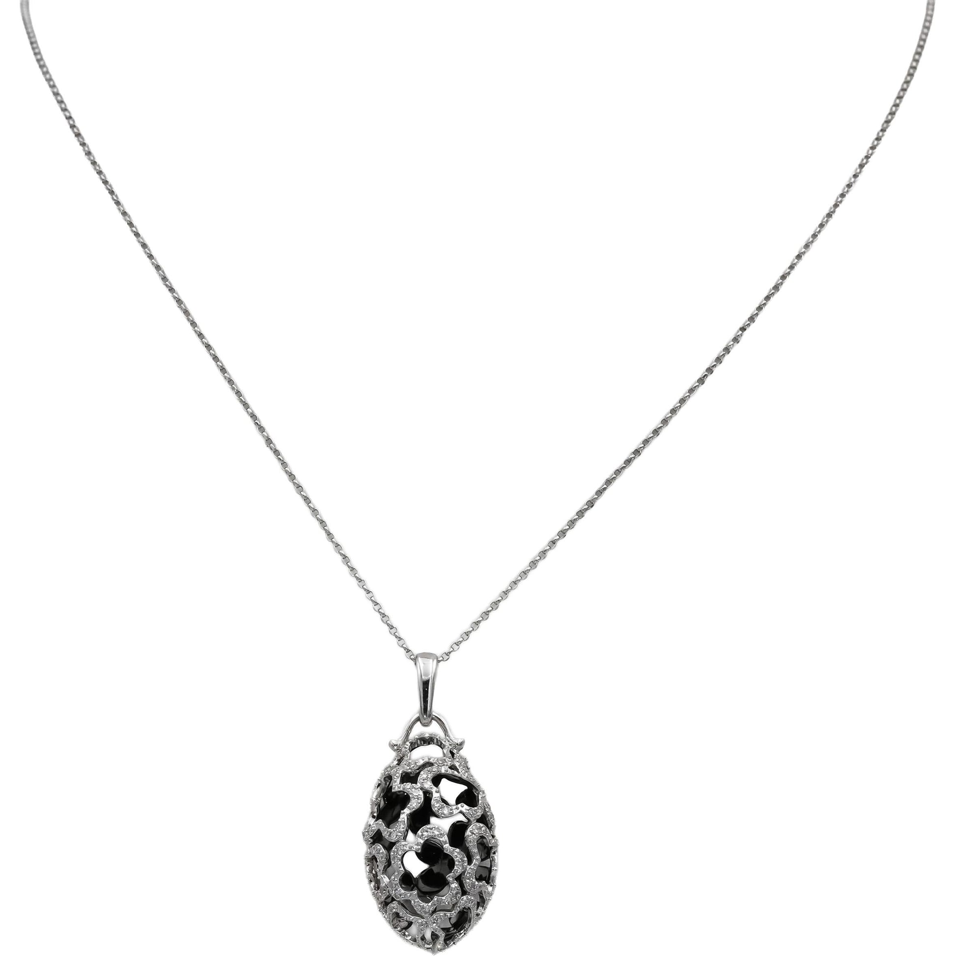 14k White Gold Diamond Filigree Clover Dome Pendant Necklace 0.25CT