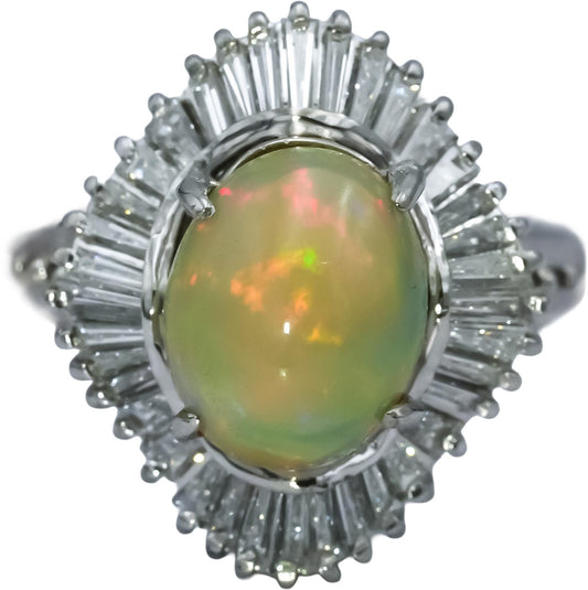 Platinum Cabochon Opal and Baguette Cut Diamond Cocktail Ring 2.98CTW Size 6.25