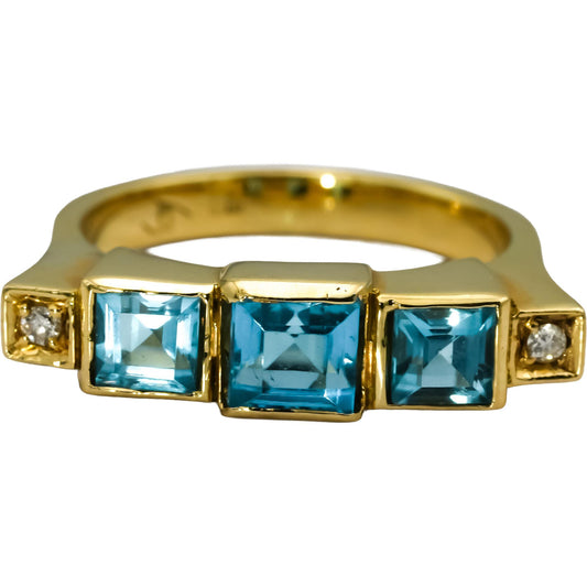 18k Yellow Gold Square Blue Topaz & Round Diamond Band Ring Size 7