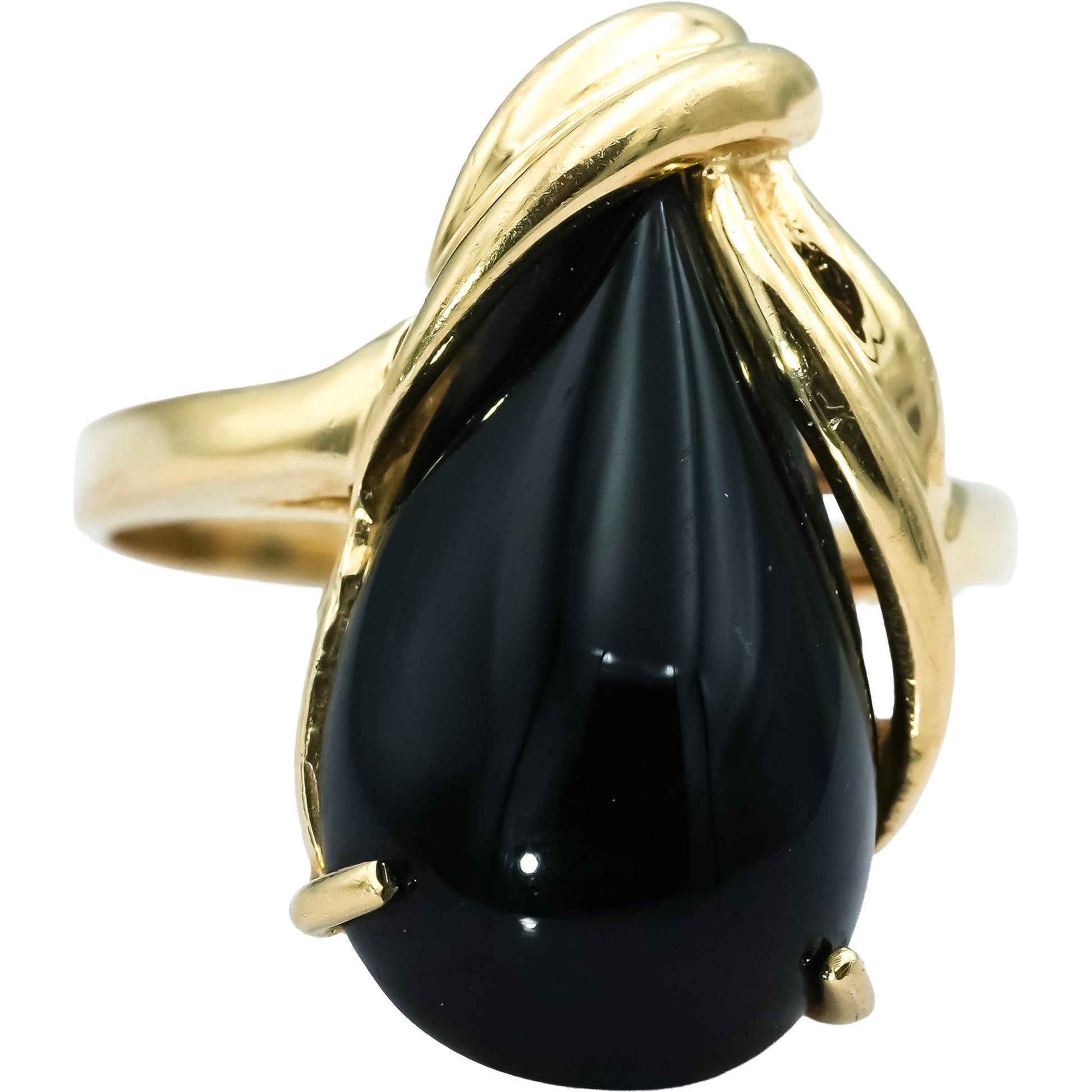 14k Yellow Gold Pear Cabochon Cut Onyx Solitaire Ring Size 7