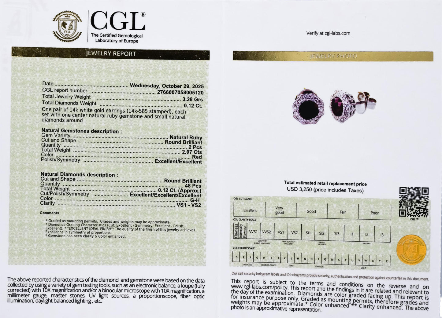 CGL Certified 14k White Gold Natural Ruby & Diamond Stud Earrings 2.19CTW
