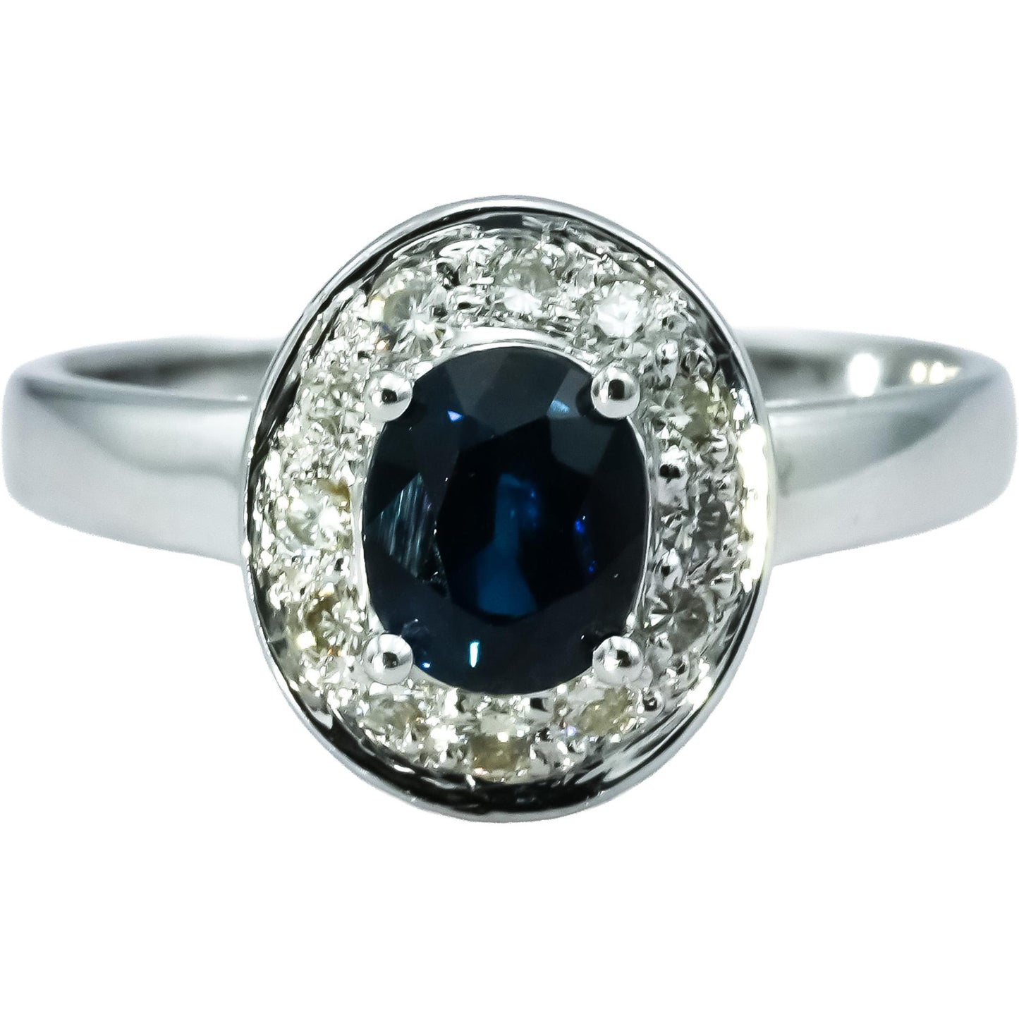 18k White Gold Oval Blue Sapphire Round Diamond Halo Ring 1.08CTW Size 6