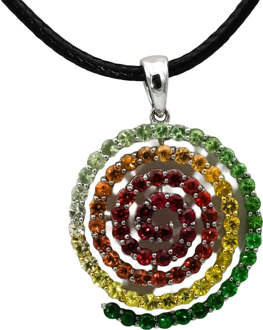 14k White Gold Round Multi Color Assorted Gemstone Spiral Pendant Necklace 2.0CT