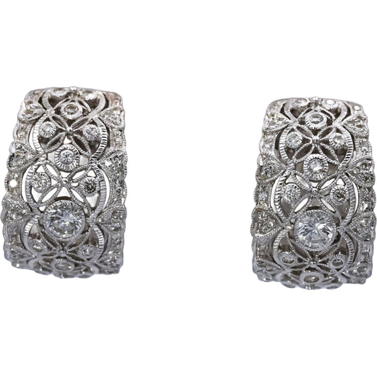 18k White Gold VS Round Diamond Floral Curved Earrings 1.14CT