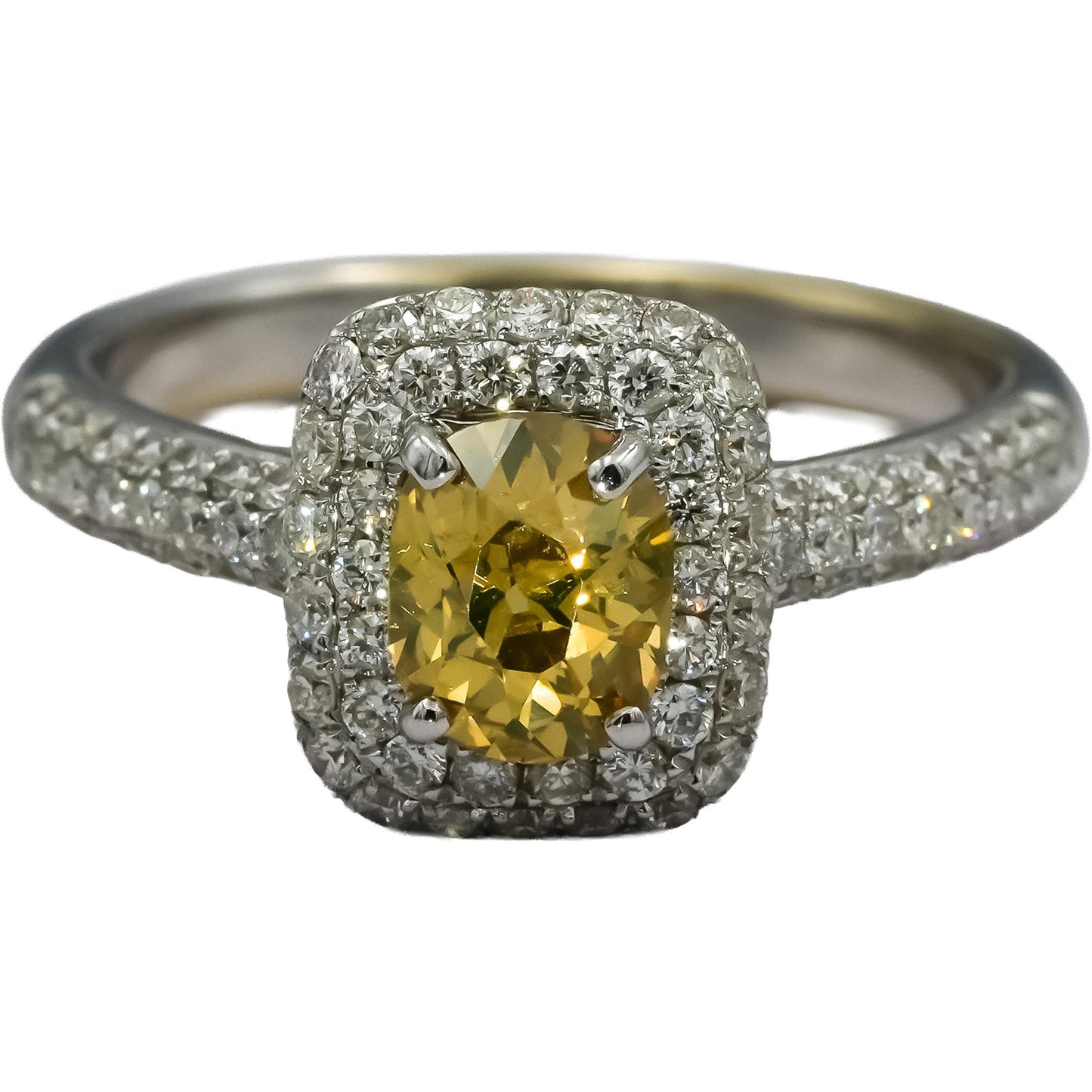 18k White Gold White & Fancy Yellow Diamond Pave Ring 1.25CT w/ .75CT Center
