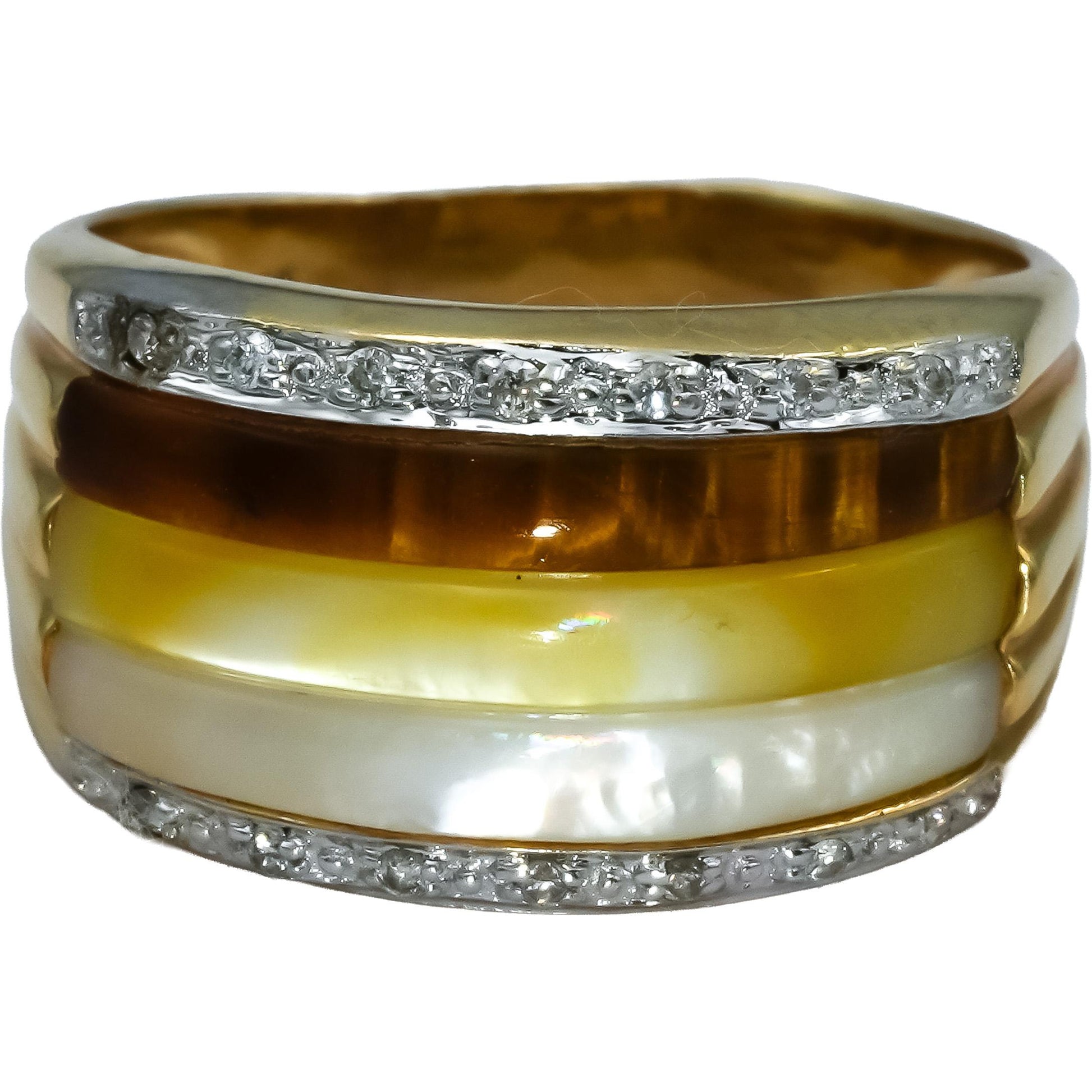 14k Yellow Gold Multi Color Mother of Pearl and Diamond Band Ring Size 7.5