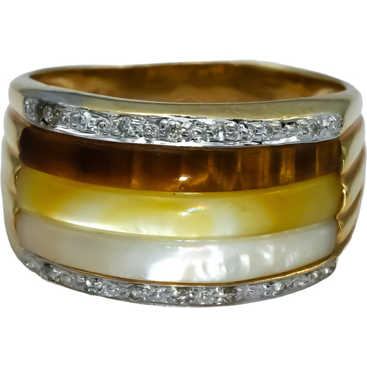 14k Yellow Gold Multi Color Mother of Pearl and Diamond Band Ring Size 7.5