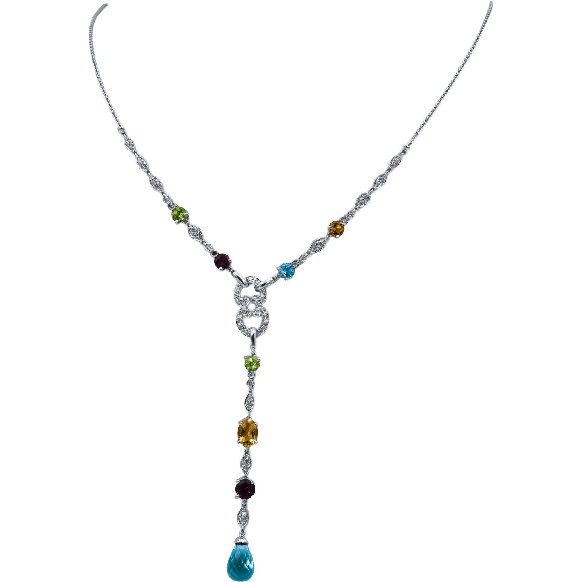 14k White Gold Diamond and Assorted Gemstone Chain Necklace 0.35CT