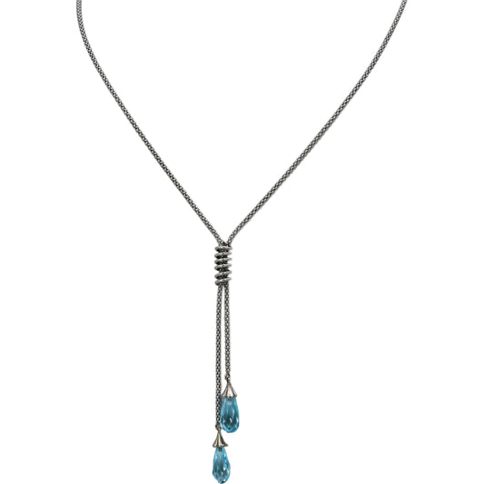 14k White Gold Briolette Cut Blue Topaz Tassel Necklace