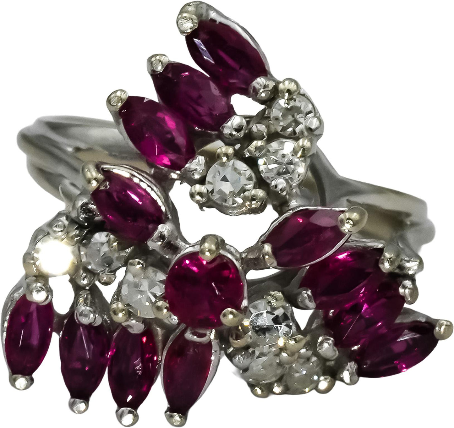 Vintage 14k White Gold VS Diamond Ruby Waterfall Cocktail Ring 1.0CT Size 5.5