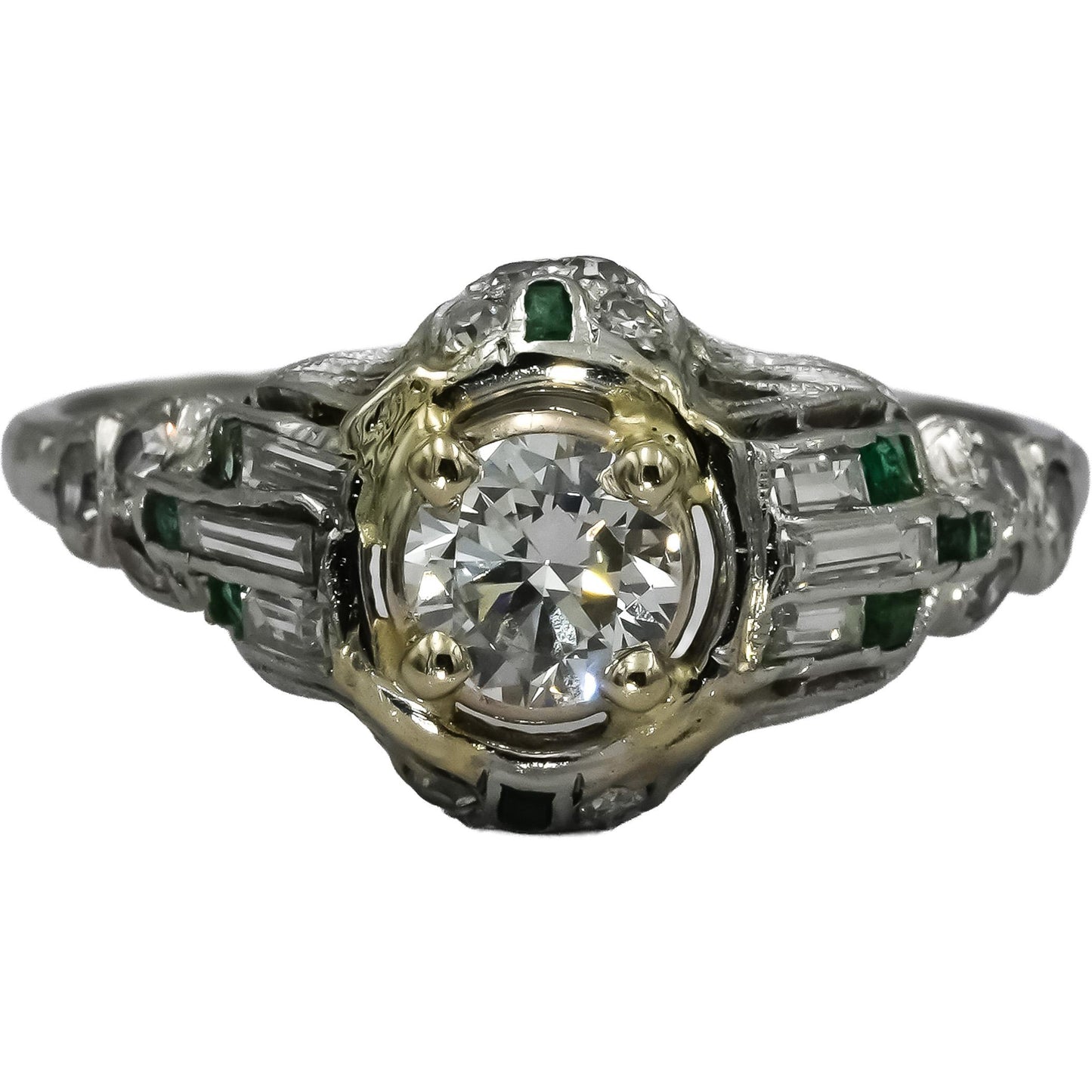 Vintage Antique Deco Platinum Diamond & Emerald Ring 1.0CT w/ 0.55CT Center