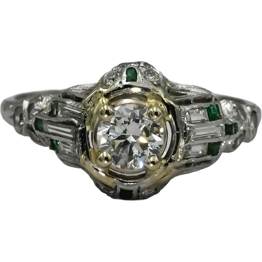 Vintage Antique Deco Platinum Diamond & Emerald Ring 1.0CT w/ 0.55CT Center