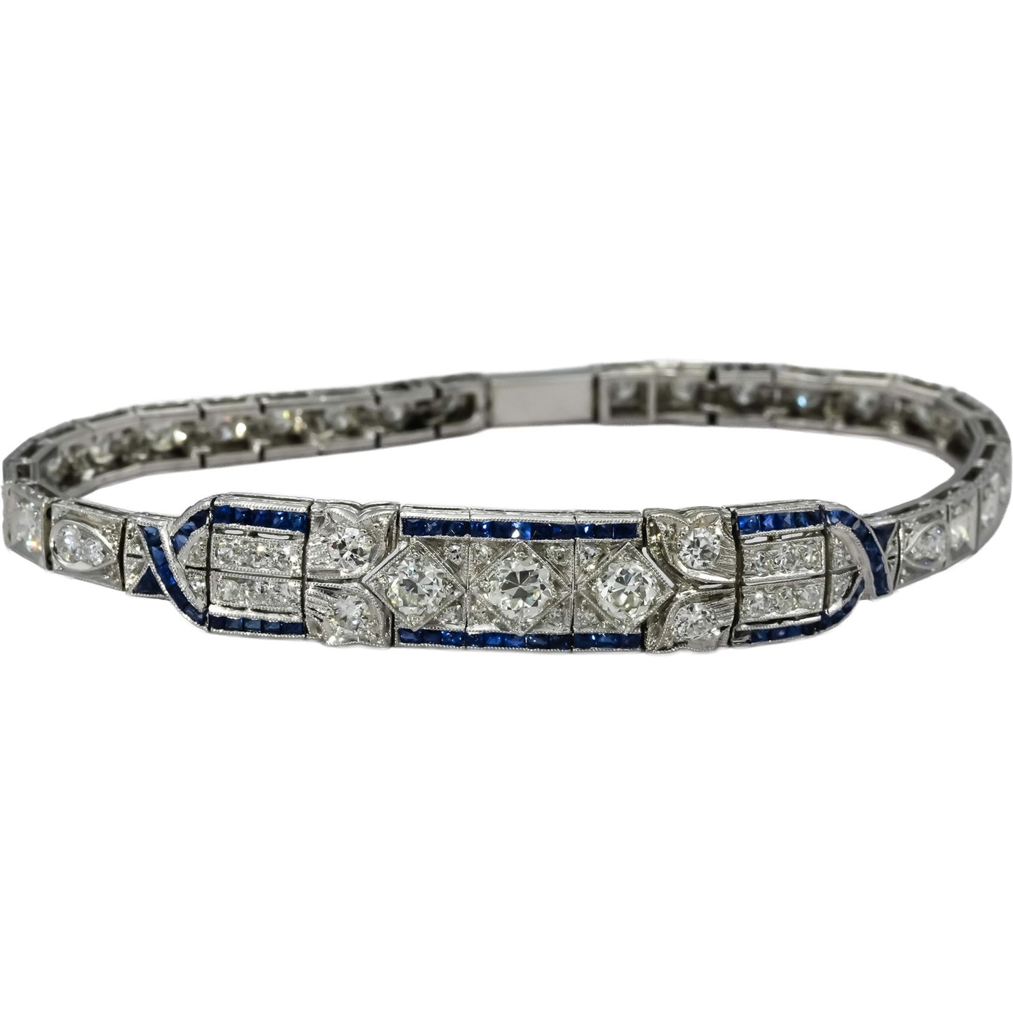 Antique Vintage Deco Platinum & 14k Gold Diamond and Sapphire Bracelet 4.75CT