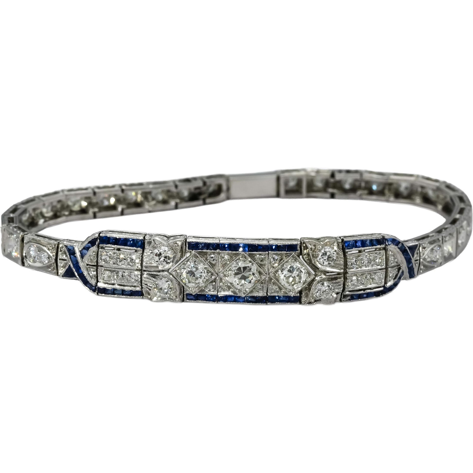Antique Vintage Deco Platinum & 14k Gold Diamond and Sapphire Bracelet 4.75CT