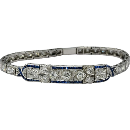 Antique Vintage Deco Platinum & 14k Gold Diamond and Sapphire Bracelet 4.75CT