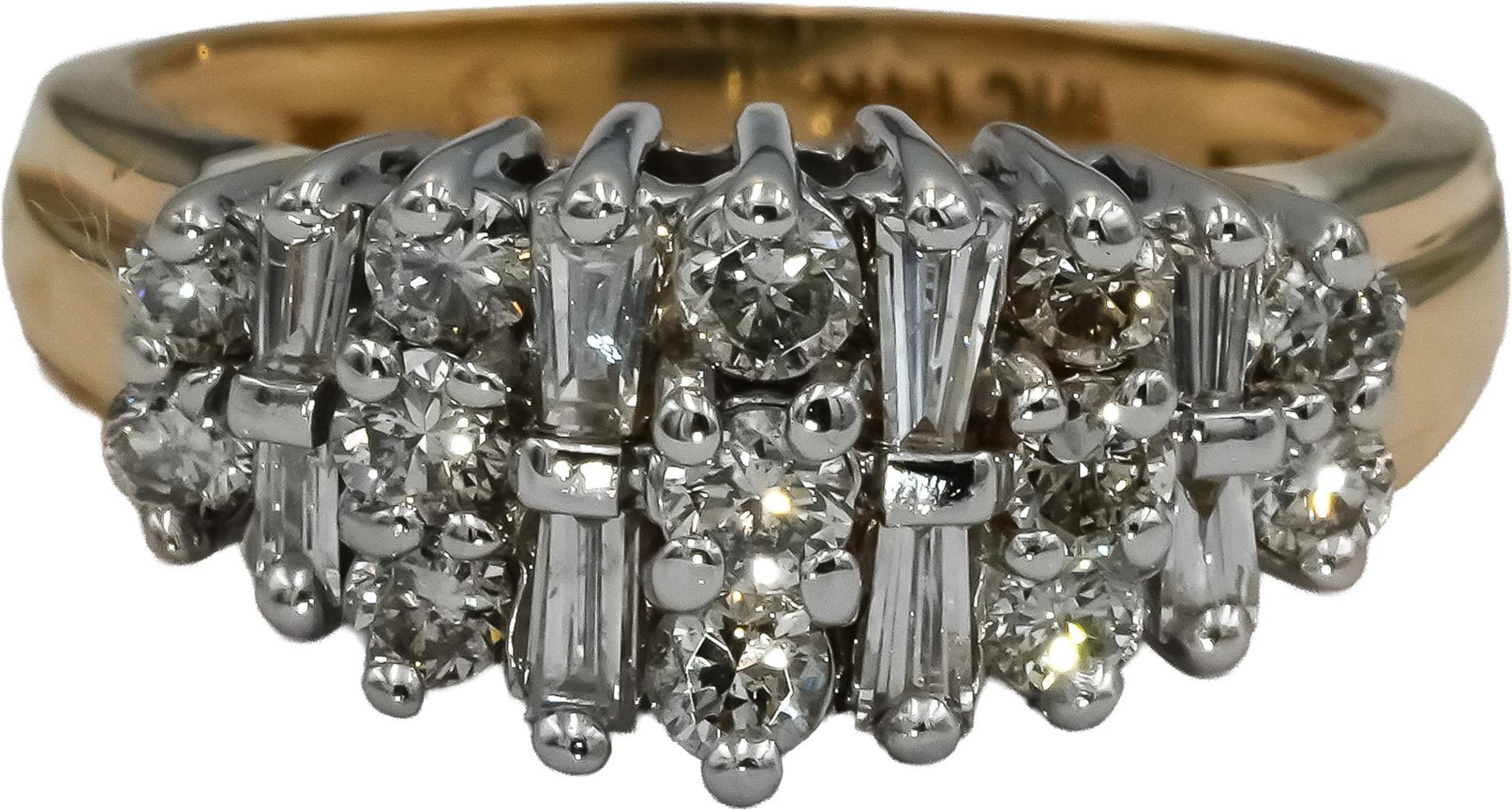 14k Yellow & White Gold Round and Baguette Diamond Cluster Ring 1.0CT Size 7.25