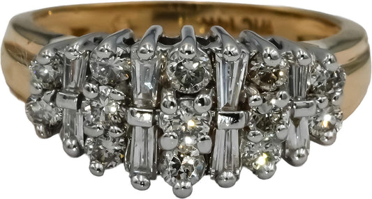 14k Yellow & White Gold Round and Baguette Diamond Cluster Ring 1.0CT Size 7.25