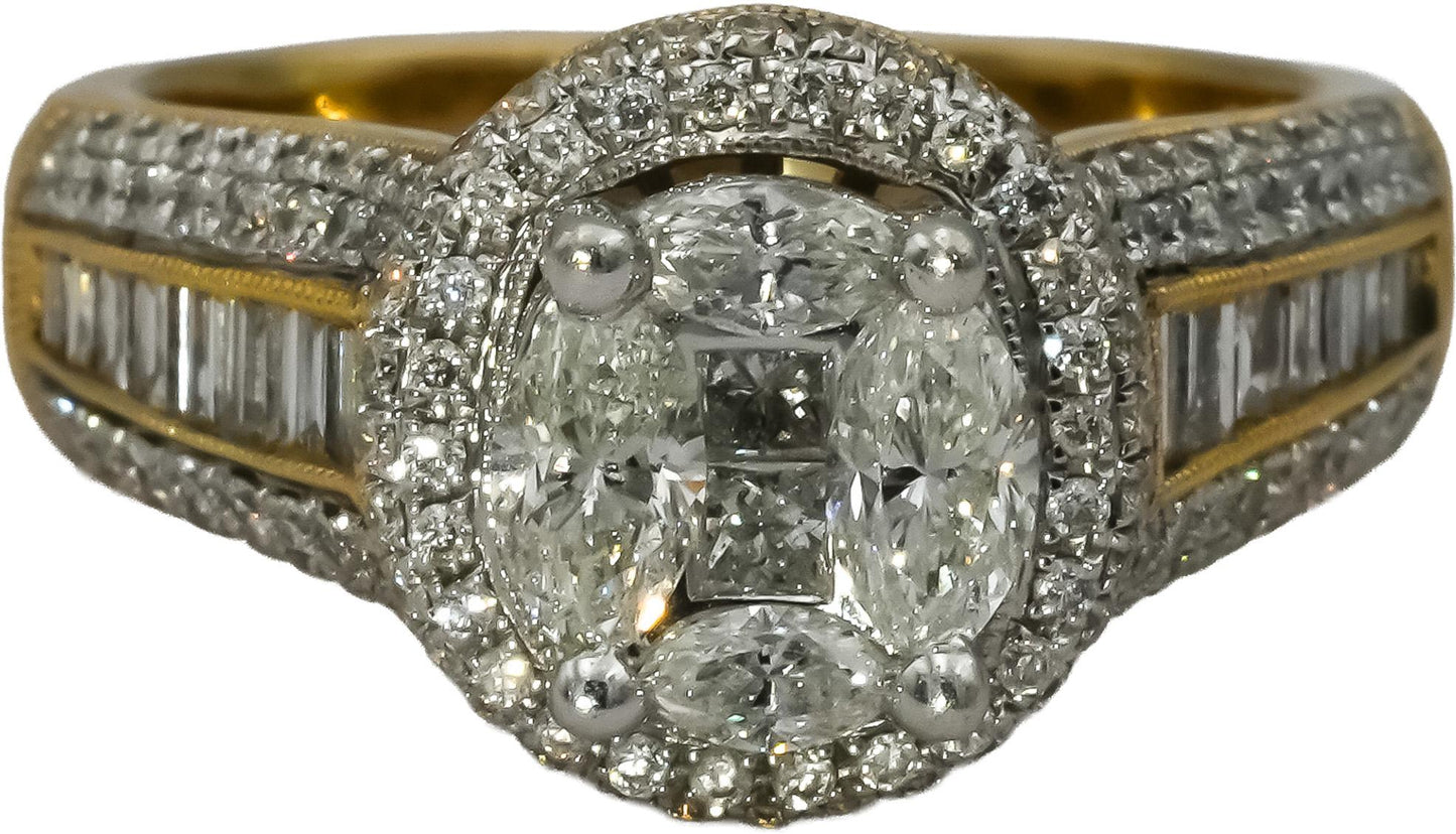 14k Yellow Gold VS Oval Princess Round Diamond Cluster Ring 1.50CT Size 7.25