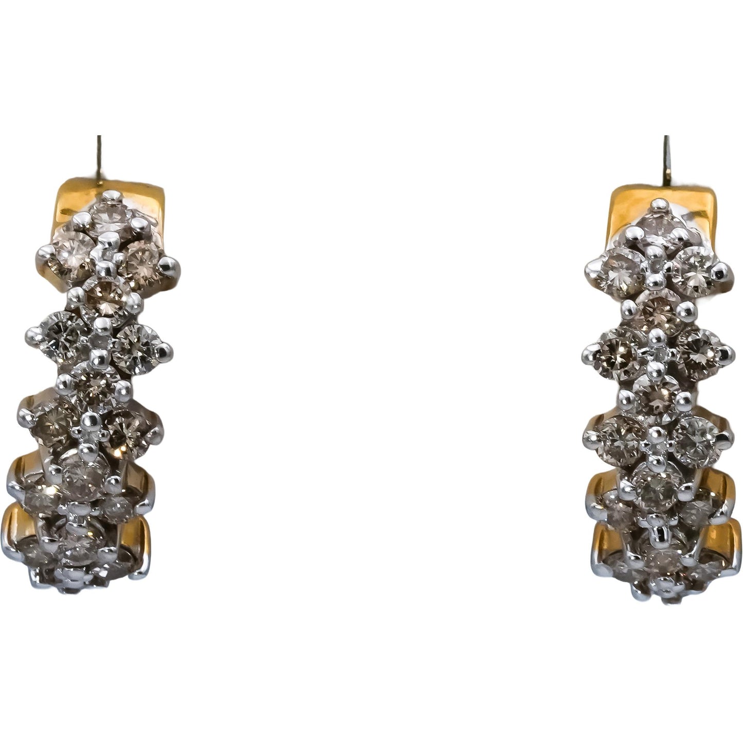14k Yellow & White Gold Round Diamond Cluster Curved Earrings 1.01CT