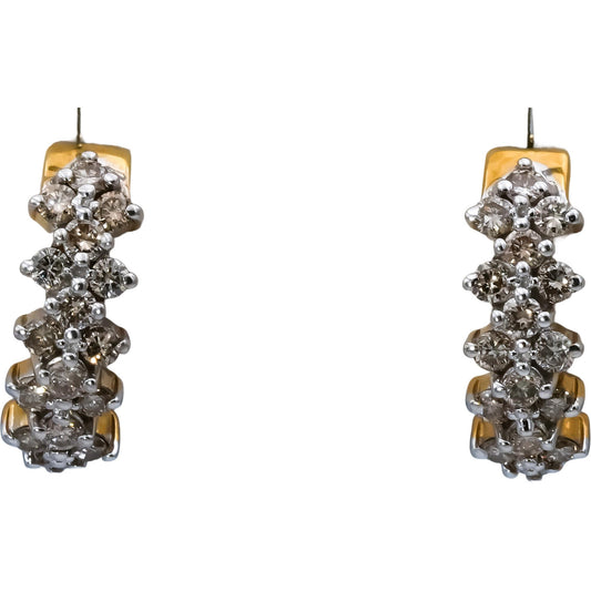 14k Yellow & White Gold Round Diamond Cluster Curved Earrings 1.01CT