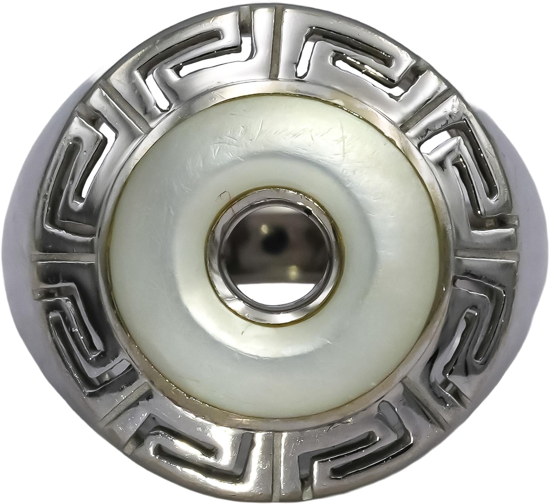 KABANA 18k White Gold Mother of Pearl Greek Key Ring Size 6.25