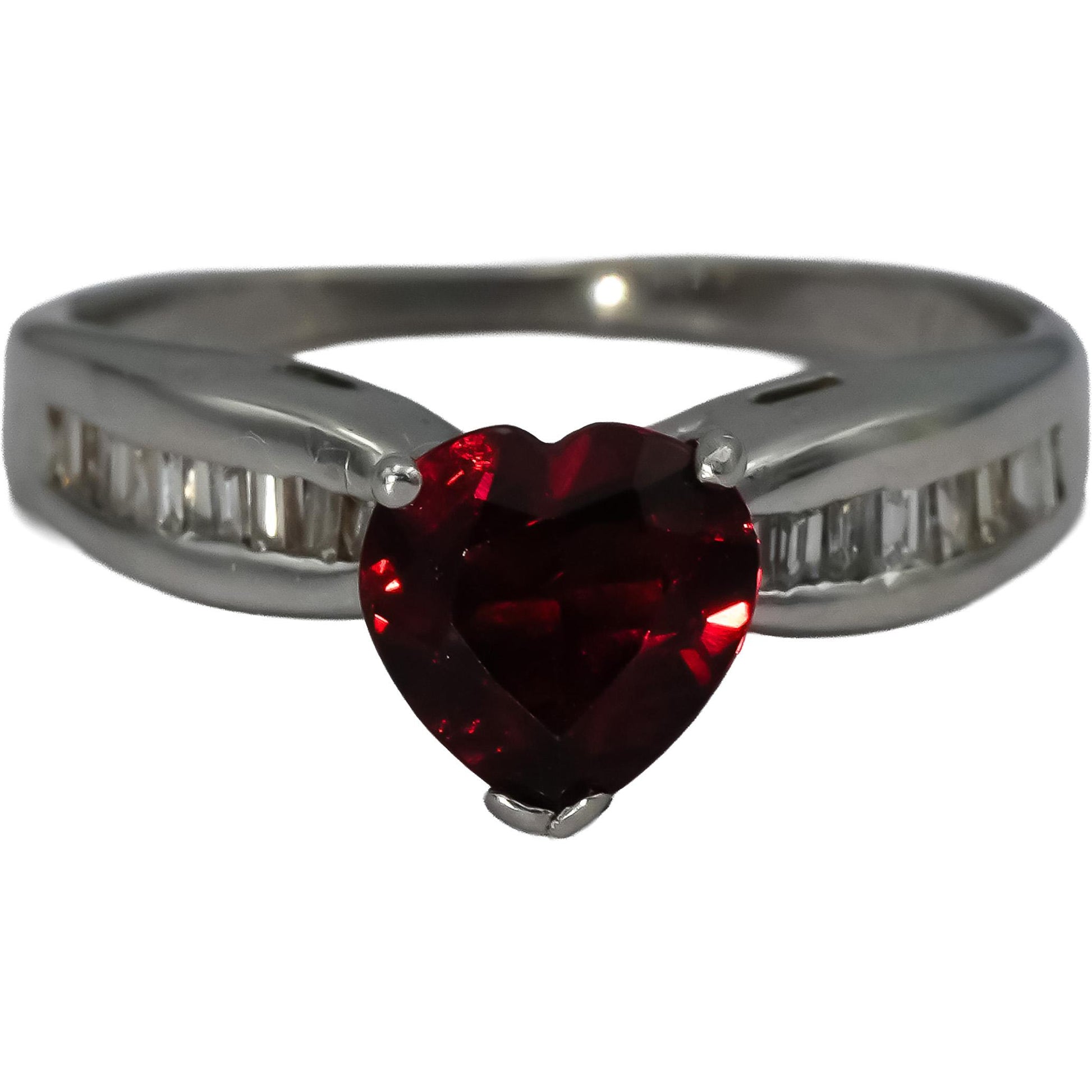 14k White Gold VS Baguette Diamond Heart Cut Garnet Cocktail Ring 1.99CT Size 6