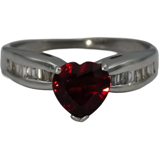 14k White Gold VS Baguette Diamond Heart Cut Garnet Cocktail Ring 1.99CT Size 6