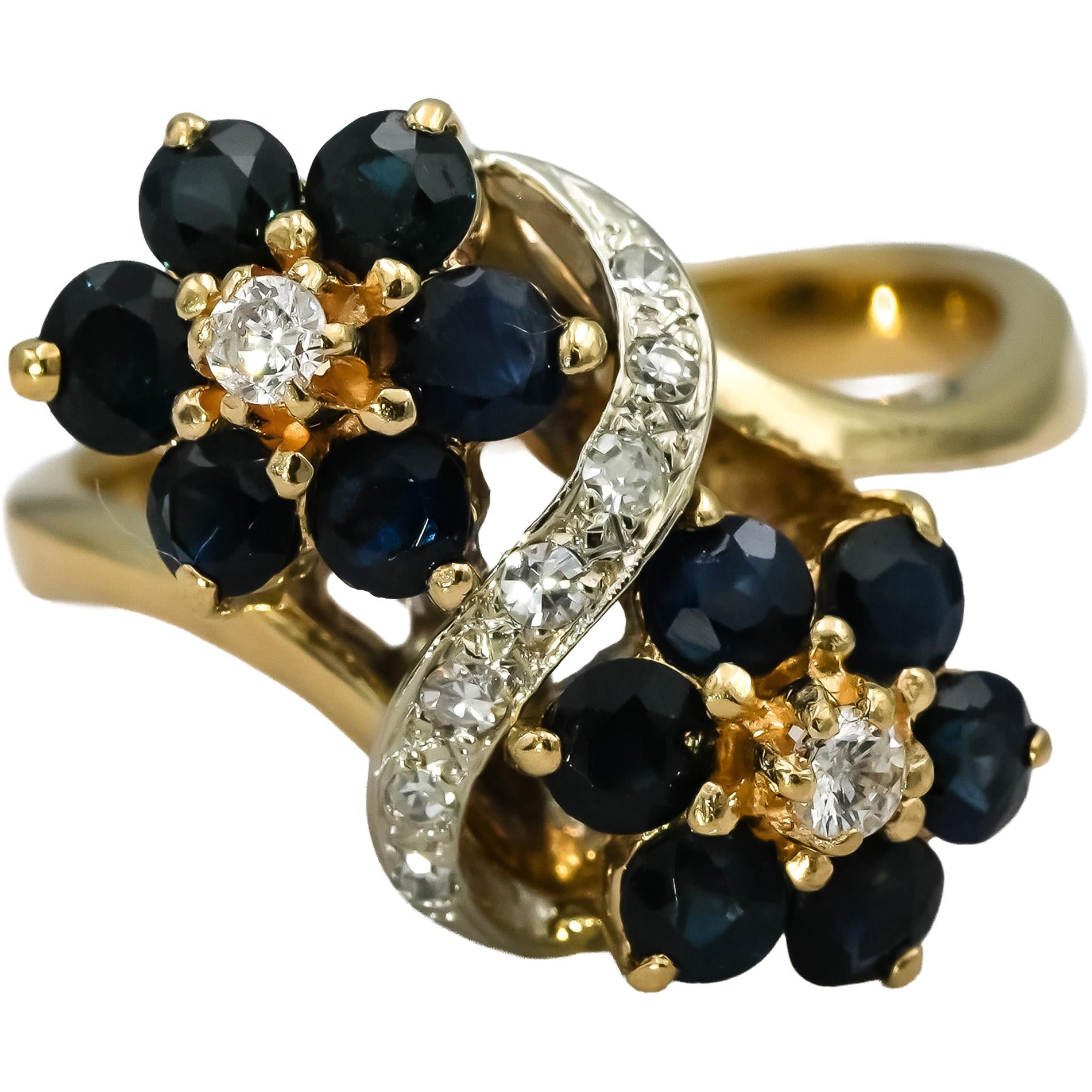 14k Yellow Gold Diamond and Sapphire Flower Cocktail Ring 1.60CT Size 8