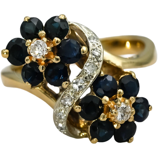 14k Yellow Gold Diamond and Sapphire Flower Cocktail Ring 1.60CT Size 8