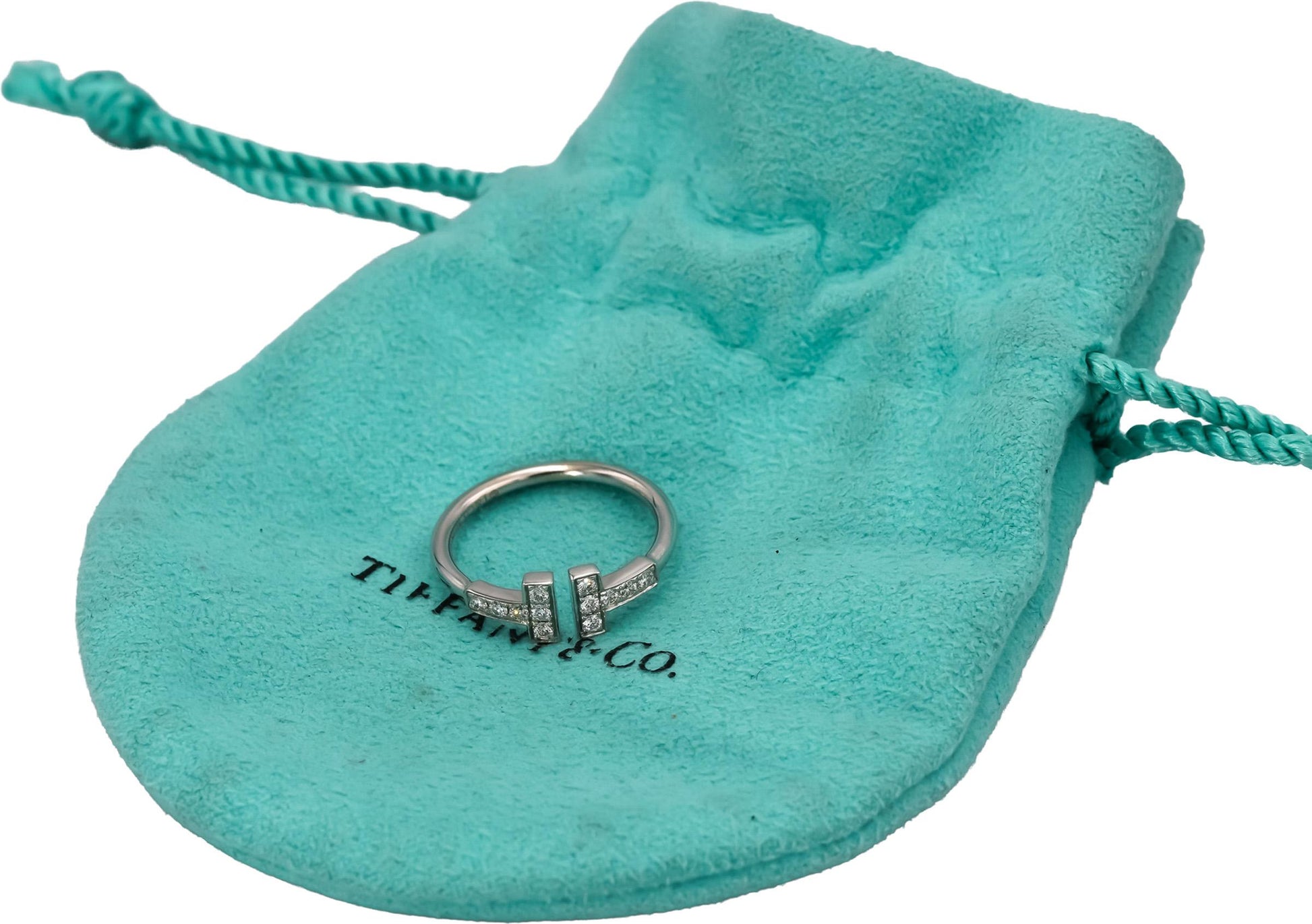 TIFFANY & CO. 18k White Gold Diamond T Band Ring 0.18CT Size 5.5 w/ Pouch