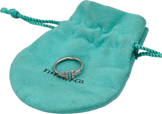 TIFFANY & CO. 18k White Gold Diamond T Band Ring 0.18CT Size 5.5 w/ Pouch