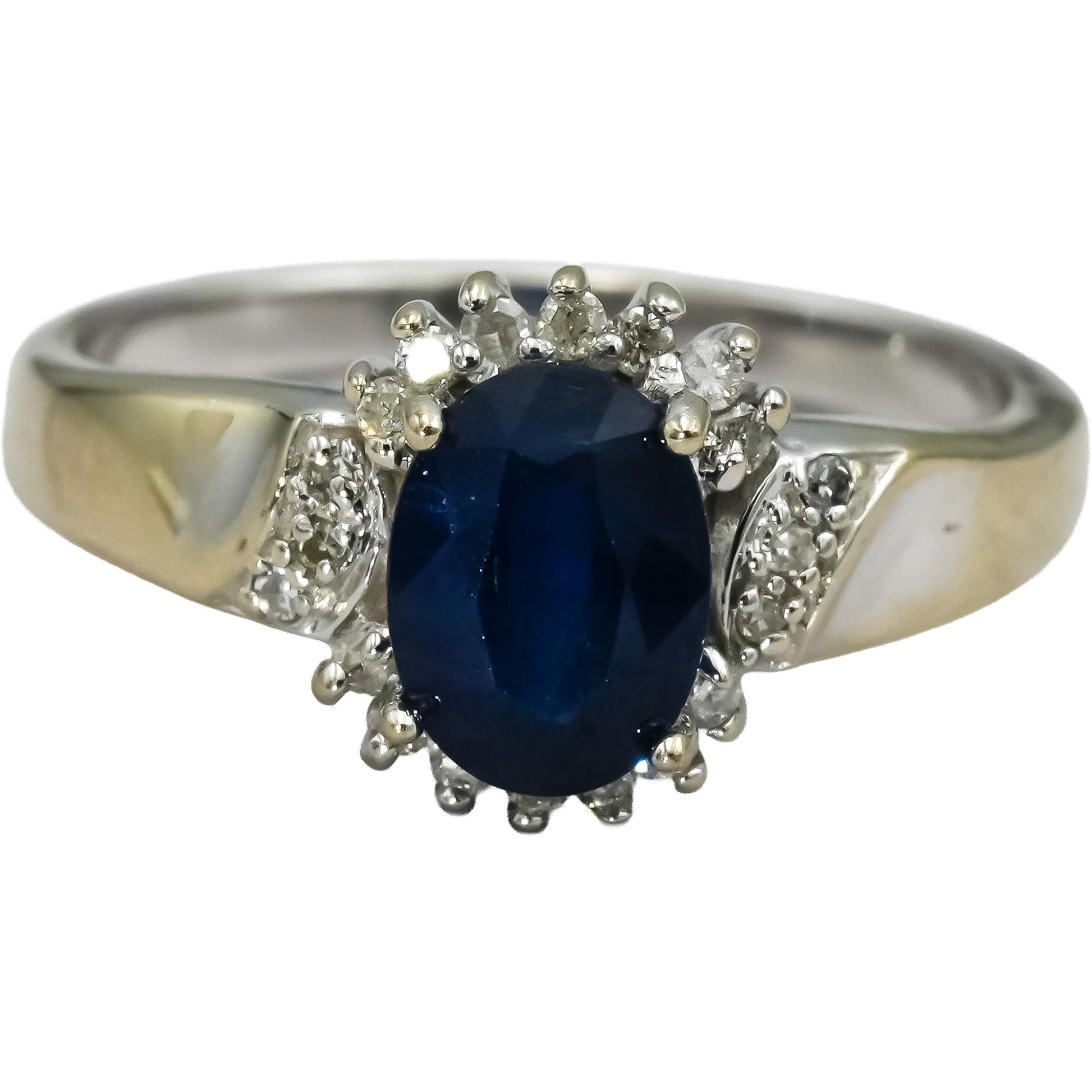 14k White Gold Diamond and Sapphire Halo Ring 1.10CT Size 7.25