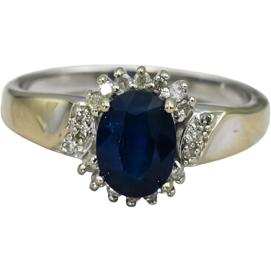 14k White Gold Diamond and Sapphire Halo Ring 1.10CT Size 7.25