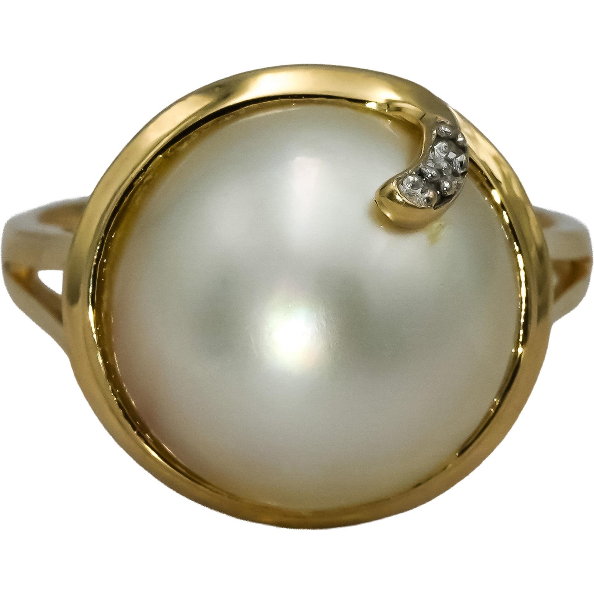 14k Yellow Gold 13.0mm Diameter Mabe Pearl Ring Size 7.5 w/ Diamond Accents