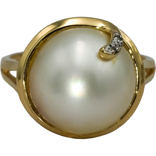 14k Yellow Gold 13.0mm Diameter Mabe Pearl Ring Size 7.5 w/ Diamond Accents